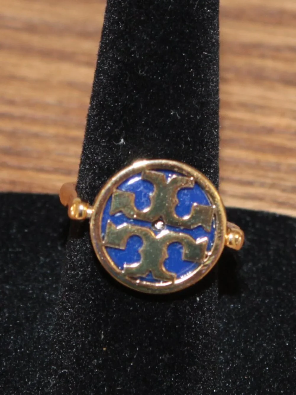 Tory Burch Reversible Blue Gold Logo Ring Size 6 NWT
